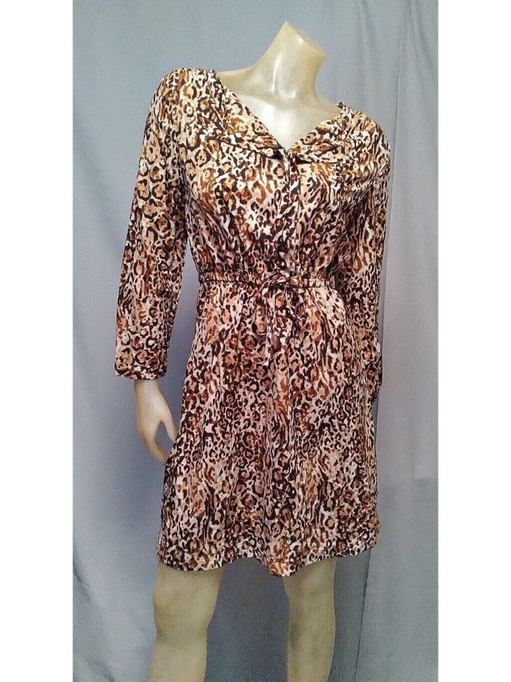 Merona Brown Black Cheetah Animal Prnt V Neck Long Slv Dress Womens USED SMALL